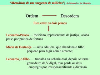 Elos entre os dois planos Leonardo-Pataca  — meirinho, representante da justiça,  acaba  preso por prática de fortuna  Maria da Hortaliça   — uma adúltera, que abandona o filho  pequeno para fugir com o amante; Leonardo, o filho  —  trabalha na ucharia-real, depois se torna  granadeiro de Vidigal, mas perde os dois  empregos por irresponsabilidade e diversão Ordem  Desordem “ Memórias de um sargento de milícias”,  de Manuel A. de Almeida 