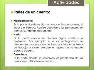 Actividades
Partes de un cuento:
 Planteamiento:
Es la parte donde se dan a conocer los personajes, el
lugar y el tiempo. Aquí se describe a los personajes, su
contexto, hábitat, época, etc.
 Nudo:
Es la parte donde se plantea algún conflicto o
problema. Por ejemplo: el o los protagonistas se
pierden en una estación de tren, se olvidan de llevar
un trabajo a clase, pierden el regalo de su madre
para su padre....
 Desenlace:
Es la parte donde se resuelven los problemas de los
personajes. El final de la historia.
 