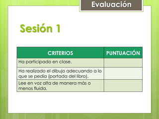 Sesión 1
CRITERIOS PUNTUACIÓN
Ha participado en clase.
Ha realizado el dibujo adecuando a lo
que se pedía (portada del libro).
Lee en voz alta de manera más o
menos fluida.
Evaluación
 