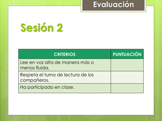 Sesión 2
CRITERIOS PUNTUACIÓN
Lee en voz alta de manera más o
menos fluida.
Respeta el turno de lectura de los
compañeros.
Ha participado en clase.
Evaluación
 