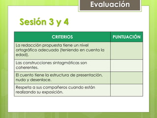 Sesión 3 y 4
CRITERIOS PUNTUACIÓN
La redacción propuesta tiene un nivel
ortográfico adecuado (teniendo en cuenta la
edad).
Las construcciones sintagmáticas son
coherentes.
El cuento tiene la estructura de presentación,
nudo y desenlace.
Respeta a sus compañeros cuando están
realizando su exposición.
Evaluación
 