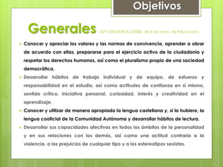 Generales (LEY ORGÁNICA 2/2006, de 3 de mayo, de Educación)
 Conocer y apreciar los valores y las normas de convivencia, aprender a obrar
de acuerdo con ellas, prepararse para el ejercicio activo de la ciudadanía y
respetar los derechos humanos, así como el pluralismo propio de una sociedad
democrática.
 Desarrollar hábitos de trabajo individual y de equipo, de esfuerzo y
responsabilidad en el estudio, así como actitudes de confianza en sí mismo,
sentido crítico, iniciativa personal, curiosidad, interés y creatividad en el
aprendizaje.
 Conocer y utilizar de manera apropiada la lengua castellana y, si la hubiere, la
lengua cooficial de la Comunidad Autónoma y desarrollar hábitos de lectura.
 Desarrollar sus capacidades afectivas en todos los ámbitos de la personalidad
y en sus relaciones con los demás, así como una actitud contraria a la
violencia, a los prejuicios de cualquier tipo y a los estereotipos sexistas.
Objetivos
 