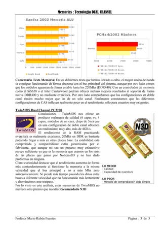 Memorias : Tecnología DUAL CHANNEL




Comentario Tests Memoria: En los diferentes tests que hemos llevado a cabo, el mayor ancho de banda
se consigue funcionando de forma síncrona con el bus principal del sistema, aunque por otro lado vemos
que los módulos aguantan de forma estable hasta los 220Mhz (DDR440). Con un controlador de memoria
como el SiS658 o el Intel Canterwood podrían ofrecer incluso mejores resultados al soportar de forma
nativa DDR400 y no mediante overclock. Por otro lado comprobamos que las configuraciones en doble
canal rinden mucho mejor que las de un solo canal. Finalmente constatamos que las diferentes
configuraciones de CAS influyen realmente poco en el rendimiento, sólo para usuarios muy exigentes.

TwinMOS Dual Channel PC3200
                  Conclusiones : TwinMOS nos ofrece un
                  producto realmente de calidad (6 capas vs. 4
                  capas, módulos de un cara, chips de 5ns) que
                  en una configuración de doble canal obtienen
                  un rendimiento muy alto, más de 4GB/s.
                  El rendimiento de la RAM practicando
overclock es realmente excelente, 20Mhz en DDR es bastante
pudiendo llegar a más en otras placas base. La estabilidad está
comprobada y compatibilidad están garantizadas por el
fabricante, que aunque no sea un proceso muy exhaustivo
parece suficiente ya que es la memoria que usamos en los tests
de las placas que pasan por Noticias3D y no han dado
problemas en ninguna.
Como curiosidad destacar que el rendimiento aumenta de forma
más contundentemente al funcionar la memoria a la misma
velocidad que el bus principal y no a más Mhz pero
asincrónicamente. Se pierde más tiempo pasando los datos entre
buses a diferente velocidad que no funcionando más lentamente
y ahorrándonos este traspaso.
Por lo visto en este análisis, estas memorias de TwinMOS no
merecen otro premio que nuestro Recomendado N3D




Profesor Mario Rubén Fuentes                                                      Página : 3 de 3
 