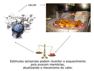 VALOR
Estímulos sensoriais podem reverter o esquecimento
pois evocam memórias,
atualizando o mecanismo do valor.
 