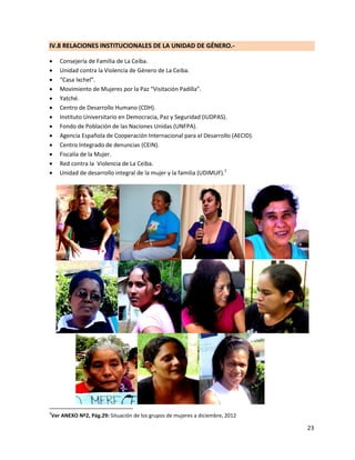 IV.8 RELACIONES INSTITUCIONALES DE LA UNIDAD DE GÉNERO.-

   Consejería de Familia de La Ceiba.
   Unidad contra la Violencia de Género de La Ceiba.
   “Casa Ixchel”.
   Movimiento de Mujeres por la Paz “Visitación Padilla”.
   Yatché.
   Centro de Desarrollo Humano (CDH).
   Instituto Universitario en Democracia, Paz y Seguridad (IUDPAS).
   Fondo de Población de las Naciones Unidas (UNFPA).
   Agencia Española de Cooperación Internacional para el Desarrollo (AECID).
   Centro Integrado de denuncias (CEIN).
   Fiscalía de la Mujer.
   Red contra la Violencia de La Ceiba.
   Unidad de desarrollo integral de la mujer y la familia (UDIMUF).2




2
Ver ANEXO Nº2, Pág.29: Situación de los grupos de mujeres a diciembre, 2012

                                                                                23
 
