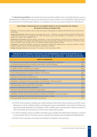 En Atención Especializada se ha valorado la atención prestada (recibida), tanto en Consultas Externas como en
Hospitalización y Urgencias. En cada caso se miden diversos aspectos relativos a la accesibilidad, imagen del hospital, valoración de los profesionales sanitarios y no sanitarios, así como las causas principales de insatisfacción.
FICHA TÉCNICA: SATISFACCIÓN DE LOS USUARIOS DADOS DE ALTA EN HOSPITALES DEL SERVICIO
DE SALUD DE CASTILLA-LA MANCHA 2003.
Universo: 13.150 personas dadas de alta tras haber permanecido hospitalizadas en hospitales del SESCAM durante el mes de octubre de 2003.
Tamaño de la muestra: 4.626 entrevistas con un margen de error de + 1,4% para un nivel de confianza del 95,5%. Albacete: 863.
Ciudad Real: 524. Cuenca: 427. Guadalajara: 587. Hellín: 200. Mancha Centro: 569. Parapléjicos: 33. Puertollano: 187. Talavera de
la Reina: 277. Toledo: 796. Valdepeñas: 163.
Distribución de la muestra: Muestreo aleatorio estratificado. El criterio de Estratificación utilizado ha sido el hospital que emite el
alta. En cada hospital, se ha realizado subestratificación por sexo y grupos de edad. La selección de las personas a entrevistar en cada
estrato de hospital, grupo de edad y sexo se ha realizado mediante muestreo aleatorio simple.
Cuestionario: Cuestionario SERVQUAL específico de hospitalización (SERQVUOS) adaptado para su aplicación telefónica. Cumplimentado mediante sistema CATI (entrevista telefónica asistida por ordenador).
Trabajo de campo: Realizado entre los días 27 de octubre y 20 de noviembre de 2003.

PORCENTAJE DE PERSONAS SATISFECHAS CON DETERMINADOS ASPECTOS RELEVANTES DE LA
ATENCIÓN EN HOSPITALES DEL SESCAM (RESPUESTA: MUY SATISFECHO + MÁS BIEN SATISFECHO)
ASPECTO CONSIDERADO

%

Su sensación sobre la tecnología de los equipos médicos para los diagnósticos y tratamientos

85,4

Las indicaciones/señalizaciones para orientarse y saber donde ir dentro del hospital

86,9

La facilidad para llegar al hospital

86,3

La rapidez con que se consigue lo que se necesita

83,0

La disposición del personal para ayudarte cuando lo necesitas

91,0

El trato recibido del personal no sanitario (celadores, administrativos)

88,3

Apariencia y el aspecto de los médicos

98,4

Información que los médicos le proporcionaron

89,1

Confianza y seguridad que los médicos transmiten a los pacientes

89,8

Amabilidad o cortesía de los médicos que trabajan en el hospital en su trato con la gente

93,9

Preparación de los médicos o su capacitación para realizar su trabajo

92,3

Trato personalizado que los médicos dan a los pacientes

92,8

Apariencia y aspecto del personal de enfermería

97,3

Información que el personal de enfermería le proporcionaron

90,0

Confianza y seguridad que el personal de enfermería transmite a los pacientes

93,0

Amabilidad o cortesía del personal de enfermería que trabaja en el hospital en su trato con la gente

91,5

Preparación o capacitación del personal de enfermería para realizar su trabajo

92,3

Trato personalizado del personal de enfermería a los pacientes

92,2

· El 87,9% de los pacientes considera que recibió suficiente información sobre su proceso y el 85,2% manifiesta que no se le ha realizado pruebas o intervenciones sin su consentimiento. Con respecto al tiempo que
han permanecido ingresados en el hospital, el 82% considera que ha permanecido el tiempo necesario, el
4,6% más tiempo de lo necesario y el 11,9% menos tiempo del necesario.
· Un 55,9% manifestó conocer el nombre del médico que le atendía más habitualmente durante su estancia
en este hospital. Sólo un 17,9% dice conocer el nombre de la enfermera que le atendía más habitualmente.
· El 92,2% de los pacientes encuestados recomendaría el hospital a otras personas.

7. ATENCIÓN AL USUARIO Y CALIDAD ASISTENCIAL

123

 