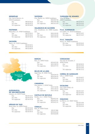 MONDÉJAR

SIGÜENZA

YUNQUERA DE HENARES

Fdo. García Moreno, s/n
19110 Guadalajara
Fax:
Tel. citas:
Tel. urgencias:

Ctra. Madrid, s/n. 19250 Guadalajara
Fax:
949 39 07 59
Tel. citas:
949 39 00 19
Tel. urgencias:
949 39 15 03

Avda. de Málaga, 1
19210 Guadalajara
Fax:
Tel. citas:
Tel. urgencias:

949 38 54 18
949 38 50 75
949 38 56 80

949 33 04 75
949 33 01 93
949 33 01 93

VILLANUEVA DE ALCORÓN
PASTRANA
Plaza Dean, s/n. 19120 Guadalajara
Fax:
949 37 02 61
Tel. citas:
949 37 02 61
Tel. urgencias:
949 37 02 12

Ctra. Armallones, s/n. 19460 Guadalajara
Fax:
949 81 60 45
Tel. citas:
949 81 60 45
Tel. urgencias:
949 81 60 45

P.A.C. ALMONACID
Los Caídos, s/n. 19118 Guadalajara
Tel. citas:
949 37 51 87
Tel. urgencias:
949 37 51 87

P.A.C. TAMAJÓN
SACEDÓN

Nueva, 16. 19222 Guadalajara
Tel. citas:
949 85 90 48
Tel. urgencias:
949 85 90 48

Mayor, s/n. 19120 Guadalajara
Fax:
949 35 02 51
Tel. citas:
949 35 06 76
Tel. urgencias:
949 35 06 76

BARGAS
Real, s/n. 45593 Toledo
Fax:
Tel. citas:
Tel. urgencias:

CONSUEGRA
925 49 33 28
925 35 88 70
925 35 77 77

San Juan de Jerusalén, 2
45700 Toledo
Fax:
Tel. citas:
Tel. urgencias:

925 48 06 36
925 47 51 94
925 47 51 96
925 48 13 12

BELVIS DE LA JARA
Provincia de
TOLEDO

Angel Díaz, 45. 45660 Toledo
Fax:
925 85 88 70
Tel. citas:
925 85 88 70
Tel. urgencias:
925 85 88 61

CORRAL DE ALMAGUER
Lillo, 2. 45880 Toledo
Fax:
Tel. citas:
Tel. urgencias:

925 19 08 57
925 20 73 78
925 20 73 77

CAMARENA

ALDEANUEVA
DE SAN BARTOLOMÉ
Calvario, s/n. 45575 Toledo
Fax:
925 44 12 27
Tel. citas:
925 44 18 34
Tel. urgencias:
925 44 18 34

Jose Antonio, 1. 45180 Toledo
Fax:
918 17 42 80
Tel. citas:
918 17 42 13
Tel. urgencias:
918 17 48 52

CASTILLO DE BAYUELA
Pacífico, s/n, 1. 45641 Toledo
Fax:
925 86 21 91
Tel. citas:
925 86 21 91
Tel. urgencias:
925 86 21 91

AÑOVER DE TAJO
Reina Sofía, s/n. 45250 Toledo
Fax:
925 55 53 08
Tel. citas:
925 50 60 75
Tel. urgencias:
925 55 50 10

CEBOLLA
Real, 16. 45550 Toledo
Fax:
Tel. citas:
Tel. urgencias:

ESCALONA
Ctra. Avila-Toledo, s/n
45910 Toledo
Fax:
Tel. citas:
Tel. urgencias:

925 78 11 67
925 78 04 93
925 78 11 81

ESQUIVIAS
La Fábrica, s/n. 45221 Toledo
Fax:
925 52 01 86
Tel. citas:
925 52 03 33
Tel. urgencias:
925 54 63 46

925 87 1096
925 86 64 24
925 86 64 99

DIRECTORIO

147

 