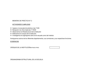 MEMORIA DE PRÁCTICA N° 2

    ACTIVIDADES CUMPLIDAS

   Ingreso a la escuela de práctica a las 7:h00
   Recepción de niños hasta las 7:15h00
   Observamos la infraestructura de la institución
   Elaboramos el croquis de la institución
   Investigamos el organigrama tanto de la escuela como del instituto

Averiguamos acerca de los diferentes departamentos, sus comisiones y sus respectivas funciones.

EVIDENCIAS



CROQUIS DE LA INSTITUCIÓNENTRADA PRINC




ORGANIGRAMA ESTRUCTURAL DE LA ESCUELA
 