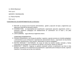 Lic. Bertha Mayanquer

  Prof. Luis V.

  DEPORTE Y RECREACIÓN

  Lic. Patricio Pazmiño

  Prof. Luis V.

FUNCIONES DE LOS DEPARTAMENTOS DE LA ESCUELA


          RECTOR: se encarga de las funciones administrativas, gestión y ejecución de leyes y reglamentos que
           determinen instancias de educación superior.
          VICERRECTORA: se responsabiliza de la planificación, organización, ejecución, seguimiento, control y
           evaluación académica pedagógica del establecimiento en coordinación con el rector y los jefes
           departamentales.
          JUNTA GENERAL: sigue reformas al reglamento interno

           COMISIONES PERMANENTES.
          TÉCNICA PEDAGÓGICA.- Se encarga de planificar organizar y ejecutar acciones en el ámbito pedagógico
           y administrativo lo que corresponde a capacitaciones asesoramiento técnico , organización de documentos
           curriculares, planificaciones y otros asuntos relacionados a lo técnico pedagógico.
          ASUTOS SOCIALES Y CULTURALES.- Se ocupa de todos los eventos sociales culturales y fechas
           ocasionales que se festejan en la institución por ejemplo: inicio del año, fiestas de institución.
          BIENESTAR Y ORNATO.- Organizar al gobierno estudiantil verificar la planificación que tiene la lista
           ganadora, ayudarles en el cumplimiento de la planificación, organizarles para el desayuno escolar, organizar
           y planificar los eventos que se dan el la institución
 