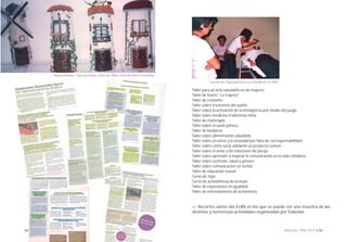 Cursillo de Digitopuntura con Elizabeth en 2007. 
Taller para un ocio saludable en las mujeres 
Taller de teatro “La trapera” 
Taller de consumo 
Taller sobre trastornos del sueño 
Taller sobre la activación de la inteligencia por medio del juego 
Taller sobre medicina tradicional china 
Taller de risaterapia 
Taller sobre el suelo pélvico 
Taller de biodanza 
Taller sobre alimentación saludable 
Taller sobre el estrés y la ansiedad por falta de corresponsabilidad 
Taller sobre cómo sacar adelante un proyecto común 
Taller sobre el amor y las relaciones de pareja 
Taller sobre aprender a mejorar la comunicación en la vida cotidiana 
Taller sobre nutrición, salud y género 
Taller sobre comunicación no verbal 
Taller de educación sexual 
Curso de tejas 
Curso de autodefensa de la mujer 
Taller de expresiones en igualdad 
Taller de entrenamiento de la memoria 
>> Recortes varios del ZUIN en los que se puede ver una muestra de las 
distintas y numerosas actividades organizadas por Solastiar. 
Manualidades: Tejas pintadas. Junio de 2004. Foto de Mari Fernández. 
54 • Memoria 1994-2014 • 55 
 