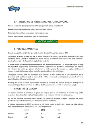 Memòria de sostenibilitat
17
2.7 OBJECTIUS DE MILLORA DEL VECTOR ECONÒMIC
Revisar l’escandall de costos del canal Horeca per millorar-ne el rendiment.
Rellançar una nova gamma de gelats amb una nova fàbrica.
Reformular la gestió de compres de matèries primeres.
Enfortir els canals de comunicació amb els consumidors.
3- VECTOR AMBIENTAL
3.1POLÍTICA AMBIENTAL
Existeix una política ambiental que està descrita dins del Manual del Sistema ISO.
La Fageda es troba al bell mig de la mítica fageda d’en Jordà, dins el Parc Natural de la Zona
Volcànica de la Garrotxa. Treballar en plena natura, en contacte amb éssers vius, amb animals i
plantes, forma part de l’objectiu terapèutic del projecte.
El nostre model de desenvolupament sostenible ens permet elaborar més 50 milions de iogurts a l’any
tot respectant les persones, els animals i l’entorn. Disposem d’una planta de compostatge per tractar
les 16 tones de purins que genera diàriament la nostra granja de vaques. Les aigües residuals es
tracten a través de la depuradora biològica que també es troba a la finca.
La Fageda compleix amb les restriccions que estableix el Parc Natural de la Zona Volcànica de la
Garrotxa, està certificada amb la norma ISO 14001, i mesura els seus impactes ambientals a través
dels indicadors del vector ambiental.
Al llarg del 2013 ha estat especialment notable la reducció del consum d’aigua i destaquem la
construcció i posada en servei de la caldera de biomassa i que ha reduït el consum de propà.
3.2 GESTIÓ DE L’AIGUA
Les accions tendents a optimitzar la gestió de l’aigua que es van començar a aplicar l’any 2010
segueixen donant resultats molt satisfactoris tant en el consum a fàbrica com a la granja.
Ho han fet possible, una nova sala d’aigües , la substitució de línies existents, l’aplicació de bones
pràctiques i el control sistemàtic per detectar qualsevol incidència.
A fàbrica els consums de 2013 en relació al 2012 s’ha reduït en un 21,8% ( va ser de 3,24 m3 per
tona de producció) i a granja un 25,2% (4,2 m3 per vaca).
2013 2012 2011
Fàbrica 3,24 4,14 4,17
Granja 4,2 5,6 6,2
 