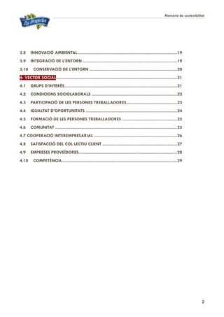 Memòria de sostenibilitat
2
3.8 INNOVACIÓ AMBIENTAL.....................................................................................19
3.9 INTEGRACIÓ DE L’ENTORN.................................................................................19
3.10 CONSERVACIÓ DE L’ENTORN ...........................................................................20
4- VECTOR SOCIAL.......................................................................................................21
4.1 GRUPS D’INTERÈS................................................................................................21
4.2 CONDICIONS SOCIOLABORALS .........................................................................22
4.3 PARTICIPACIÓ DE LES PERSONES TREBALLADORES...........................................23
4.4 IGUALTAT D’OPORTUNITATS ..............................................................................24
4.5 FORMACIÓ DE LES PERSONES TREBALLADORES ...............................................25
4.6 COMUNITAT ........................................................................................................25
4.7 COOPERACIÓ INTEREMPRESARIAL .......................................................................26
4.8 SATISFACCIÓ DEL COL·LECTIU CLIENT ................................................................27
4.9 EMPRESES PROVEÏDORES....................................................................................28
4.10 COMPETÈNCIA..................................................................................................29
 