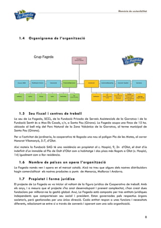 Memòria de sostenibilitat
8
1.4 Organigrama de l’organització
1.5 Seu fiscal i centres de treball
La seu de La Fageda, SCCL, de la Fundació Privada de Serveis Assistencials de la Garrotxa i de la
Fundació Sentit és a Mas Els Casals, s/n, a Santa Pau (Girona). La Fageda ocupa una finca de 15 ha.
ubicada al bell mig del Parc Natural de la Zona Volcànica de la Garrotxa, al terme municipal de
Santa Pau (Girona).
Per a l’activitat de jardineria, la cooperativa té llogada una nau al polígon Pla de les Mates, al carrer
Honorat Vilamanyà, 5-7, d’Olot.
Així mateix la Fundació SAG té una residència en propietat al c. Hospici, 9, 2n d’Olot, el dret d’ús
indefinit d’un immoble al Pla de Dalt d’Olot com a habitatge i dos pisos més llogats a Olot (c. Hospici,
14) igualment com a llar residència.
1.6 Nombre de països on opera l’organització
La Fageda només ven i opera en el mercat català. Això no treu que alguns dels nostres distribuïdors
hagin comercialitzat els nostres productes a punts de Menorca, Mallorca i Andorra.
1.7 Propietat i forma jurídica
El projecte de La Fageda es va iniciar al voltant de la figura jurídica de Cooperativa de treball. Amb
els anys, i a mesura que el projecte s’ha anat desenvolupant i prenent complexitat, s’han creat dues
fundacions per millorar-ne la gestió global. Avui, La Fageda està composta per tres entitats jurídiques
independents que comparteixen seu social i president. Estan governades pels respectius òrgans
societaris, però gestionades per una única direcció. Cada entitat respon a unes funcions i necessitats
diferents, relacionant-se entre sí a través de convenis i operant com una sola organització.
 