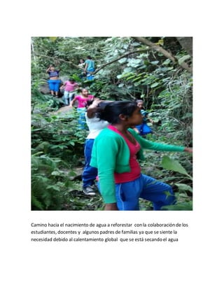 Camino hacia el nacimiento de agua a reforestar con la colaboración de los 
estudiantes, docentes y algunos padres de familias ya que se siente la 
necesidad debido al calentamiento global que se está secando el agua 
 