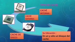 CACHÉ
INTERNA :
CACHE DE
DISCO:
Su Ubicación :
En un y sólo un bloque del
caché.
CACHE
EXTERNA:
 