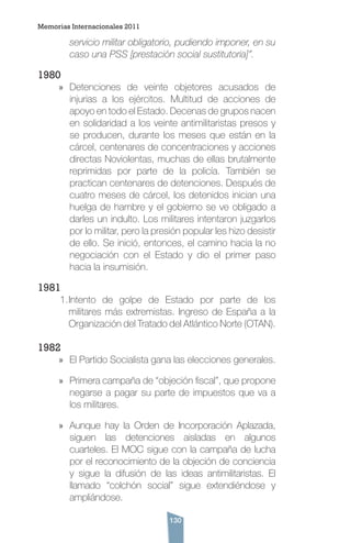 130
servicio militar obligatorio, pudiendo imponer, en su
caso una PSS [prestación social sustitutoria]”.
1980
»» Detenciones de veinte objetores acusados de
injurias a los ejércitos. Multitud de acciones de
apoyo en todo el Estado. Decenas de grupos nacen
en solidaridad a los veinte antimilitaristas presos y
se producen, durante los meses que están en la
cárcel, centenares de concentraciones y acciones
directas Noviolentas, muchas de ellas brutalmente
reprimidas por parte de la policía. También se
practican centenares de detenciones. Después de
cuatro meses de cárcel, los detenidos inician una
huelga de hambre y el gobierno se ve obligado a
darles un indulto. Los militares intentaron juzgarlos
por lo militar, pero la presión popular les hizo desistir
de ello. Se inició, entonces, el camino hacia la no
negociación con el Estado y dio el primer paso
hacia la insumisión.
1981
1.	Intento de golpe de Estado por parte de los
militares más extremistas. Ingreso de España a la
Organización del Tratado del Atlántico Norte (OTAN).
1982
»» El Partido Socialista gana las elecciones generales.
»» Primera campaña de “objeción fiscal”, que propone
negarse a pagar su parte de impuestos que va a
los militares.
»» Aunque hay la Orden de Incorporación Aplazada,
siguen las detenciones aisladas en algunos
cuarteles. El MOC sigue con la campaña de lucha
por el reconocimiento de la objeción de conciencia
y sigue la difusión de las ideas antimilitaristas. El
llamado “colchón social” sigue extendiéndose y
ampliándose.
Memorias Internacionales 2011
 