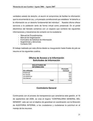 Memorias de una Gestión • Agosto 2006 – Agosto 2007




verdadero estado de derecho, al asumir el compromiso de facilitar la información
que le encomienda la Ley, y el precepto constitucional que establece “el derecho a
la información es un derecho fundamental del individuo”.      Nuestra oficina ofrece
servicios a la población tanto de forma virtual como presencial. En el portal
electrónico del Senado contamos con un espacio que contiene las siguientes
informaciones y mecanismos de contacto con la ciudadanía:
      - Manual de Procedimientos
      -   Manual de Organización
      -   Formulario de Solicitud de Información
      -   Sugerencias y denuncias
      -   Contacto OAI

El trabajo realizado por esta oficina desde su inauguración hasta finales de julio se
resume en los siguientes cuadros.


                      Oficina de Acceso a la Información
                          Solicitudes de Información

                              SOLICITUDES DE
                              INFORMACIÓN
                                                             Promedio
             Vía utilizada                                     mensual
             Presencial                                               500
             Por escrito                                              210
             Vía telefónica                                           400
             Vía Internet                                             183
                                               Total                 1293




                                  Contraloría General


Continuando con el proceso de transparencia que caracteriza esta gestión, el 16
de septiembre del 2006, se crea el órgano “CONTRALORIA GENERAL DEL
SENADO”, esto así con el objetivo de garantizar en coordinación con la Dirección
de AUDITORIA INTERNA, a los ciudadanos y ciudadanas la pulcritud en el
manejo de los recursos.


                                                                                  25
 