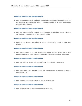 Memorias de una Gestión • Agosto 2006 – Agosto 2007




   Número de iniciativa: 00714-2006-SLO-SE

    LEY DE IMPLEMENTACIÓN DEL TRATADO DE LIBRE COMERCIO ENTRE
     LA REPÚBLICA DOMINICANA, CENTROAMERICA Y LOS ESTADOS
     UNIDOS (DR-CAFTA)

   Número de iniciativa: 00552-2006-SLO-SE

    LEY DE TRANSICIÓN HACIA EL CONTROL JURISDICCIONAL DE LA
     ACTIVIDAD ADMINISTRATIVA DEL ESTADO.

   Número de iniciativa: 00736-2006-SLO-SE

    PROYECTO DE LEY ORGÁNICA DE PRESUPUESTO PARA EL SECTOR
     PÚBLICO.

   Número de iniciativa: 00522-2006-SLO-SE

    LEY MEDIANTE EL CUAL TODA PERSONA TIENE DERECHO A UN
     RECURSO SENCILLO Y SIMPLE DENOMINADO RECURSO DE AMPARO.

   Número de iniciativa: 00747-2006-SLO-SE

    LEY ORGÁNICA DE LA SECRETARÍA DE ESTADO DE HACIENDA

   Número de iniciativa: 00749-2006-SLO-SE

    LEY QUE CREA LA SECRETARÍA DE ESTADO DE PLANIFICACIÓN Y
     DESARROLLO.

   Número de iniciativa: 00925-2006-SLO-SE

    LEY SOBRE AUSTERIDAD EN EL SECTOR PÚBLICO

   Número de iniciativa: 00746-2006-SLO-SE

    LEY DE PLANIFICACIÓN E INVERSION PÚBLICA,




                                                            32
 