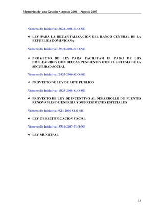 Memorias de una Gestión • Agosto 2006 – Agosto 2007




   Número de Iniciativa: 3628-2006-SLO-SE

    LEY PARA LA RECAPITALIZACION DEL BANCO CENTRAL DE LA
     REPUBLICA DOMINICANA

   Número de Iniciativa: 3539-2006-SLO-SE

    PROYECTO DE LEY PARA FACILITAR EL PAGO DE LOS
     EMPLEADORES CON DEUDAS PENDIENTES CON EL SISTEMA DE LA
     SEGURIDAD SOCIAL

   Número de Iniciativa: 2433-2006-SLO-SE

    PROYECTO DE LEY DE ARTE PUBLICO

   Número de Iniciativa: 1525-2006-SLO-SE

    PROYECTO DE LEY DE INCENTIVO AL DESARROLLO DE FUENTES
     RENOVABLES DE ENERGIA Y SUS REGIMENES ESPECIALES

   Número de Iniciativa: 924-2006-SLO-SE

    LEY DE RECITIFICACION FISCAL

   Número de Iniciativa: 3516-2007-PLO-SE

    LEY MUNICIPAL




                                                         35
 