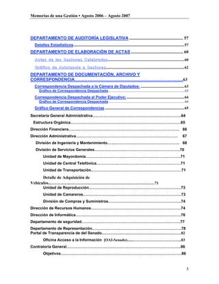 Memorias de una Gestión • Agosto 2006 – Agosto 2007




DEPARTAMENTO DE AUDITORÍA LEGISLATIVA ................................................ 57
  Detalles Estadísticos.....................................................................................................................57
DEPARTAMENTO DE ELABORACIÓN DE ACTAS ............................................... 60
  Actas de las Sesiones Celebradas .................................................................................60

  Gráfico de Asistencia a Sesiones ...................................................................................62
DEPARTAMENTO DE DOCUMENTACIÓN, ARCHIVO Y
CORRESPONDENCIA………………………………………………………………….63
  Correspondencia Despachada a la Cámara de Diputados: ..............................................63
     Gráfico de Correspondencia Despachada.........................................................................................63
  Correspondencia Despachada al Poder Ejecutivo: .............................................................64
     Gráfico de Correspondencia Despachada.........................................................................................64
  Gráfico General de Correspondencias ....................................................................................65
Secretaría General Administrativa.…….………….………………………..………………..64
 Estructura Orgánica.…………………….……………………………………………………65
Dirección Financiera.……..……………..……………………………………………………. 66
Dirección Administrativa…………………………………………………………………….                                                                                     67
   División de Ingeniería y Mantenimiento.…....………….……………………………… 68
   División de Servicios Generales…….……………..…………………………………….70
         Unidad de Mayordomía…………….………………………………………………….71
         Unidad de Central Telefónica……………..………………………………………….71
         Unidad de Transportación.………………..……..……………………………………71
      Detalle de Adquisición de
Vehículos..………….……………………………………………………71
         Unidad de Reproducción.……….…………….………………………………………73
         Unidad de Camareros.……….…………..…………………………………………….73
         División de Compras y Suministros.………………………………………………..74
Dirección de Recursos Humanos…………………………………………………………….74
Dirección de Informática……………………………………………………………………….76
Departamento de seguridad…………..………………………………………………………77
Departamento de Representación.……………….…………………………………………..78
Portal de Transparencia de del Senado..……………………………………………………82
         Oficina Acceso a la Información (OAI-Senado)......………………………………..83
Contraloría General……………………………………………………………………………..86
         Objetivos………………………………………………………………………………….86



                                                                                                                                            5
 