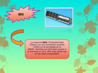 La memoria EDO ("Extended Data
Output") es una innovación reciente
(1995) en la tecnología de la
DRAM. Permite a la UCP tener acceso a
la memoria un 10 o 15% más rápido que
en los chips comparables.

 
