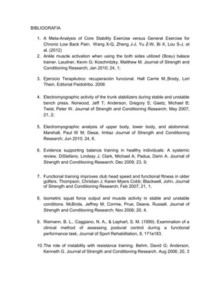 BIBLIOGRAFIA
1. A Meta-Analysis of Core Stability Exercise versus General Exercise for
Chronic Low Back Pain. Wang X-Q, Zheng J-J, Yu Z-W, Bi X, Lou S-J, et
al. (2012)
2. Ankle muscle activation when using the both sides utilized (Bosu) balace
trainer. Laudner, Kevin G; Koschnitzky, Matthew M. Journal of Strength and
Conditioning Research; Jan 2010; 24, 1;
3. Ejercicio Terapéutico: recuperación funcional. Hall Carrie M.,Brody, Lori
Thein. Editorial Paidotribo. 2006
4. Electromyographic activity of the trunk stabilizers during stable and unstable
bench press. Norwood, Jeff T; Anderson, Gregory S; Gaetz, Michael B;
Twist, Peter W. Journal of Strength and Conditioning Research; May 2007;
21, 2;
5. Electromyographic analysis of upper body, lower body, and abdominal.
Marshall, Paul W M; Desai, Imtiaz Journal of Strength and Conditioning
Research; Jun 2010; 24, 6.
6. Evidence supporting balance training in healthy individuals: A systemic
review. DiStefano, Lindsay J; Clark, Michael A; Padua, Darin A. Journal of
Strength and Conditioning Research; Dec 2009; 23, 9;
7. Functional training improves club head speed and functional fitness in older
golfers. Thompson, Christian J; Karen Myers Cobb; Blackwell, John. Journal
of Strength and Conditioning Research; Feb 2007; 21, 1;
8. Isometric squat force output and muscle activity in stable and unstable
conditions. McBride, Jeffrey M; Cormie, Prue; Deane, Russell. Journal of
Strength and Conditioning Research; Nov 2006; 20, 4.
9. Riemann, B. L., Caggiano, N. A., & Lephart, S. M. (1999). Examination of a
clinical method of assessing postural control during a functional
performance task. Journal of Sport Rehabilitation, 8, 171e183.
10.The role of instability with resistance training. Behm, David G; Anderson,
Kenneth G. Journal of Strength and Conditioning Research. Aug 2006; 20, 3
 