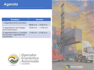 AgendaAgenda
Temática Horario
1. Seguridad de los procesos
08:00 a.m. – 10:00 a.m.
2. Seguridad en tecnología
de la inform...