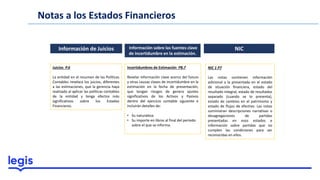 Notas a los Estados Financieros
Información de Juicios Información sobre las fuentes clave
de incertidumbre en la estimación.
Juicios P.6
La entidad en el resumen de las Políticas
Contables revelara los juicios, diferentes
a las estimaciones, que la gerencia haya
realizado al aplicar las políticas contables
de la entidad y tenga efectos más
significativos sobre los Estados
Financieros.
Incertidumbres de Estimación P8.7
Revelar información clave acerca del futuro
y otras causas claves de incertidumbre en la
estimación en la fecha de presentación,
que tengan riesgos de genera ajustes
significativos de los Activos y Pasivos
dentro del ejercicio contable siguiente e
incluirán detalles de:
• Su naturaleza
• Su importe en libros al final del periodo
sobre el que se informa.
NIC
NIC 1 P7
Las notas contienen información
adicional a la presentada en el estado
de situación financiera, estado del
resultado integral, estado de resultados
separado (cuando se lo presenta),
estado de cambios en el patrimonio y
estado de flujos de efectivo. Las notas
suministran descripciones narrativas o
desagregaciones de partidas
presentadas en esos estados e
información sobre partidas que no
cumplen las condiciones para ser
reconocidas en ellos.
 