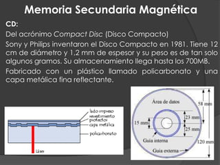 CD:
Del acrónimo Compact Disc (Disco Compacto)
Sony y Philips inventaron el Disco Compacto en 1981. Tiene 12
cm de diámetro y 1,2 mm de espesor y su peso es de tan solo
algunos gramos. Su almacenamiento llega hasta los 700MB.
Fabricado con un plástico llamado policarbonato y una
capa metálica fina reflectante.
Memoria Secundaria Magnética
 