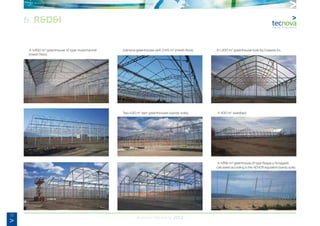 32
Annual Memory 2012
6. R&D&I
	 A 4.850 m2
greenhouse of type multichannel
	 (mesh floor).
	 Solnova greenhouse with 2.415 m2
(mesh floor).
	 Two 420 m2
twin greenhouses (sandy soils).
	 A 1.200 m2
greenhouse built by Gojarsa S.L
	 A 400 m2
seedbed.
	 A 4.896 m2
greenhouse of type Raspa y Amagado
	 calculated according to the AENOR regulation (sandy soils).
 