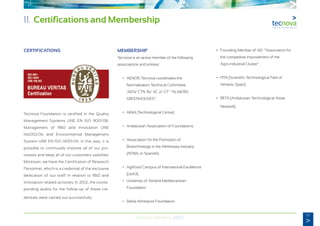 83
Annual Memory 2012
CERTIFICATIONS
Tecnova Foundation is certified in the Quality
Management Systems UNE EN ISO 9001:08,
Management of R&D and Innovation UNE
166002:06 and Environmental Management
System UNE EN ISO 14001:04. In this way, it is
possible to continually improve all of our pro-
cesses and keep all of our customers satisfied.
Moreover, we have the Certification of Research
Personnel, which is a credential of the exclusive
dedication of our staff in relation to R&D and
Innovation-related activities. In 2012, the corres-
ponding audits for the follow-up of these cre-
dentials were carried out successfully.
MEMBERSHIP
Tecnova is an active member of the following
associations and entities:
	 •	 AENOR. Tecnova coordinates the
		 Normalisation Technical Committee
		 ‘AEN/ CTN 76/ SC 2/ GT’: “ALMERÍA
		GREENHOUSES”.
	 •	 AINIA [Technological Centre].
	 •	 Andalusian Association of Foundations.
	 •	 Association for the Promotion of
		 Biotechnology in the Alimentary Industry
		 (AFBIA, in Spanish).
	 •	 Agrifood Campus of International Excellence
	 	 [ceiA3].
	 •	 University of Almería Mediterranean
		Foundation
	 •	 Bahía Almeriport Foundation.
	 •	 Founding Member of AEI: “Association for
		 the competitive improvement of the
		 Agro-industrial Cluster”.
	 •	 PITA [Scientific-Technological Park of
	 	 Almería, Spain].
	 •	 RETA [Andalusian Technological Areas
	 	 Network].
11. Certifications and Membership
 