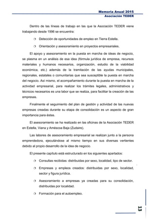 Memoria Anual 2015
Asociación TEDER
Dentro de las líneas de trabajo en las que la Asociación TEDER viene
trabajando desde 1996 se encuentra:
 Detección de oportunidades de empleo en Tierra Estella.
 Orientación y asesoramiento en proyectos empresariales.
El apoyo y asesoramiento en la puesta en marcha de ideas de negocio,
se plasma en un análisis de esa idea (fórmula jurídica de empresa, recursos
materiales y humanos necesarios, organización, estudio de la viabilidad
económica, etc.) además de la tramitación de las ayudas municipales,
regionales, estatales o comunitarias que sea susceptible la puesta en marcha
del negocio. Así mismo, el acompañamiento durante la puesta en marcha de la
actividad empresarial, para realizar los trámites legales, administrativos y
técnicos necesarios es una labor que se realiza, para facilitar la creación de las
empresas.
Finalmente el seguimiento del plan de gestión y actividad de las nuevas
empresas creadas durante su etapa de consolidación es un aspecto de gran
importancia para éstas.
El asesoramiento se ha realizado en las oficinas de la Asociación TEDER
en Estella, Viana y Améscoa Baja (Zudaire).
Las labores de asesoramiento empresarial se realizan junto a la persona
emprendedora, ejecutándose al mismo tiempo en sus diversas vertientes
debido al propio desarrollo de la idea de negocio.
El presente capítulo está estructurado en los siguientes apartados:
 Consultas recibidas: distribuidas por sexo, localidad, tipo de sector.
 Empresas y empleos creados: distribuidas por sexo, localidad,
sector y figura jurídica.
 Asesoramiento a empresas ya creadas para su consolidación,
distribuidas por localidad.
 Formación para el autoempleo.
 