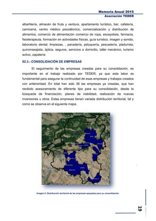 Memoria Anual 2015
Asociación TEDER
albañilería, almacén de fruta y verdura, apartamento turístico, bar, cafetería,
carnicería, centro médico psicotécnico, comercialización y distribución de
alimentos, comercio de alimentación comercio de ropa, escayolista, farmacia,
fisioterapeuta, formación en actividades físicas, guía turístico, imagen y sonido,
laboratorio dental, limpiezas, , panadería, peluquería, pescadería, pladurista,
quiromasajista, óptica, seguros, servicios a domicilio, taller mecánico, turismo
activo, zapatería
02.3.- CONSOLIDACIÓN DE EMPRESAS
El seguimiento de las empresas creadas para su consolidación, es
importante en el trabajo realizado por TEDER, ya que esta labor es
fundamental para asegurar la continuidad de esas empresas y trabajos creados
con anterioridad. En total han sido 36 las empresas ya creadas, que han
recibido asesoramiento de diferente tipo para su consolidación, desde la
búsqueda de financiación, planes de viabilidad, realización de nuevas
inversiones u otros. Estas empresas tienen variada distribución territorial, tal y
como se observa en el siguiente mapa.
Imagen 6. Distribución territorial de las empresas apoyadas para su consolidación.
 
