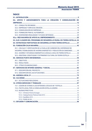 Memoria Anual 2015
Asociación TEDER
ÍNDICE
01.- INTRODUCCIÓN ................................................................................................................... 5
02.- APOYO Y ASESORAMIENTO PARA LA CREACIÓN Y CONSOLIDACIÓN DE
EMPRESAS ................................................................................................................................ 12
02.1.- CONSULTAS RECIBIDAS...........................................................................................................14
02.2.- EMPRESAS Y EMPLEOS CREADOS.........................................................................................16
02.3.- CONSOLIDACIÓN DE EMPRESAS ............................................................................................19
02.4.- FORMACIÓN PARA EL AUTOEMPLEO .....................................................................................20
02.5.- INVERSIONES REALIZADAS Y AYUDAS OBTENIDAS.............................................................20
02.a.- RED NAVARRA DE APOYO AL EMPRENDIMIENTO ................................................... 22
03.- EJE 4 LEADER DEL PROGRAMA DE DESARROLLO RURAL EN TIERRA ESTELLA. 26
04.- ESTRATEGIA PARTICIPADA DE DESARROLLO PARA TIERRA ESTELLA................. 37
05.- FUNDACIÓN CAJA NAVARRA.......................................................................................... 42
05.1.- CÁLCULO Y VERIFICACIÓN DE LA HUELLA DE CARBONO DEL ESPÁRRAGO DE
NAVARRA. POSIBILIDADES DE AHORRO ENERGÉTICO Y REDUCCIÓN DE EMISIONES.............44
05.2.- AHORRO Y EFICIENCIA ENERGÉTICA A ESCALA LOCAL EN TIERRA ESTELLA.................46
05.3.- IDENTIDAD, CREATIVIDAD Y PATRIMONIO CULTURAL EN TIERRA ESTELLA ....................51
06.- SERVICIO PUNTO INFOENERGÍA .................................................................................... 55
06.1.- OBJETIVOS.................................................................................................................................56
06.2.- RESULTADOS.............................................................................................................................58
06.3.- OTRAS COLABORACIONES......................................................................................................61
07.- SERVICIOS DE INTERÉS GENERAL Y SOCIAL .............................................................. 62
07.1.- DESCRIPCIÓN DEL PROYECTO ...............................................................................................63
07.2.- DESCRIPCIÓN DE LAS ACTUACIONES....................................................................................63
08.- AGENDA LOCAL 21 ........................................................................................................... 75
09.- VíA VERDE.......................................................................................................................... 81
09.1.- ACTUACIONES REALIZADAS....................................................................................................82
10.- OTROS SERVICIOS Y TRABAJOS ................................................................................... 87
10.1.- CESIÓN DE STANDS A LAS ENTIDADES LOCALES DE T.ESTELLA .......................................... 88
10.2.- PACTO LOCAL POR LA CONCILIACIÓN ESTELLA-LIZARRA ....................................................... 90
10.3.- BUENAS PRÁCTICAS............................................................................................................................. 91
10.3.1.- VII Edición Premios Eneragen.......................................................................................................... 91
10.3.2.- Catalogo Buenas Prácticas Dubai 2014............................................................................................ 92
10.3.3.- ExpoMilano 2015.............................................................................................................................. 93
10.3.4.- Estellés del año................................................................................................................................ 94
11.- DIFUSIÓN Y COMUNICACIÓN........................................................................................... 99
 