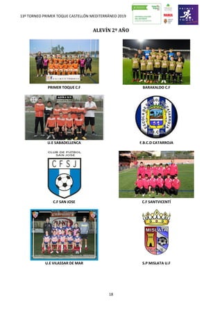 13º TORNEO PRIMER TOQUE CASTELLÓN MEDITERRÁNEO 2019
18
ALEVÍN 2º AÑO
PRIMER TOQUE C.F BARAKALDO C.F
U.E SABADELLENCA F.B.C.D CATARROJA
C.F SAN JOSE C.F SANTVICENTÍ
U.E VILASSAR DE MAR S.P MISLATA U.F
 