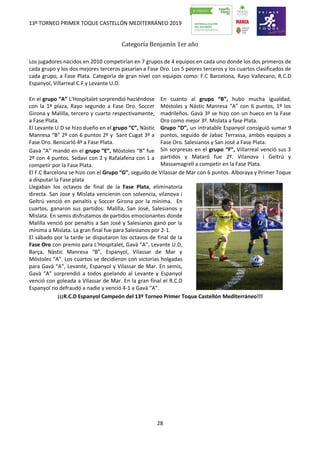 13º TORNEO PRIMER TOQUE CASTELLÓN MEDITERRÁNEO 2019
28
Categoría Benjamín 1er año
Los jugadores nacidos en 2010 competirían en 7 grupos de 4 equipos en cada uno donde los dos primeros de
cada grupo y los dos mejores terceros pasarían a Fase Oro. Los 5 peores terceros y los cuartos clasificados de
cada grupo, a Fase Plata. Categoría de gran nivel con equipos como: F.C Barcelona, Rayo Vallecano, R.C.D
Espanyol, Villarreal C.F y Levante U.D.
En el grupo “A” L’Hospitalet sorprendió haciéndose
con la 1ª plaza, Rayo segundo a Fase Oro. Soccer
Girona y Malilla, tercero y cuarto respectivamente,
a Fase Plata.
En cuanto al grupo “B”, hubo mucha igualdad,
Móstoles y Nástic Manresa “A” con 6 puntos, 1º los
madrileños. Gavà 3º se hizo con un hueco en la Fase
Oro como mejor 3º. Mislata a fase Plata.
El Levante U.D se hizo dueño en el grupo “C”, Nàstic
Manresa “B” 2º con 6 puntos 2º y Sant Cugat 3º a
Fase Oro. Benicarló 4º a Fase Plata.
Grupo “D”, un intratable Espanyol consiguió sumar 9
puntos, seguido de Jabac Terrassa, ambos equipos a
Fase Oro. Salesianos y San José a Fase Plata.
Gavà “A” mandó en el grupo “E”, Móstoles “B” fue
2º con 4 puntos. Sedaví con 2 y Rafalafena con 1 a
competir por la Fase Plata.
Sin sorpresas en el grupo “F”, Villarreal venció sus 3
partidos y Mataró fue 2º. Vilanova i Geltrú y
Massamagrell a competir en la Fase Plata.
El F.C Barcelona se hizo con el Grupo “G”, seguido de Vilassar de Mar con 6 puntos. Alboraya y Primer Toque
a disputar la Fase plata
Llegaban los octavos de final de la Fase Plata, eliminatoria
directa. San Jose y Mislata vencieron con solvencia, vilanova i
Geltrú venció en penaltis y Soccer Girona por la mínima. En
cuartos, ganaron sus partidos: Malilla, San José, Salesianos y
Mislata. En semis disfrutamos de partidos emocionantes donde
Malilla venció por penaltis a San José y Salesianos ganó por la
mínima a Mislata. La gran final fue para Salesianos por 2-1.
El sábado por la tarde se disputaron los octavos de final de la
Fase Oro con premio para L’Hospitalet, Gavà “A”, Levante U.D,
Barça, Nàstic Manresa “B”, Espanyol, Vilassar de Mar y
Móstoles “A”. Los cuartos se decidieron con victorias holgadas
para Gavà “A”, Levante, Espanyol y Vilassar de Mar. En semis,
Gavà “A” sorprendió a todos goelando al Levante y Espanyol
venció con goleada a Vilassar de Mar. En la gran final el R.C.D
Espanyol no defraudó a nadie y venció 4-1 a Gavà “A”.
¡¡¡R.C.D Espanyol Campeón del 13º Torneo Primer Toque Castellón Mediterráneo!!!
 
