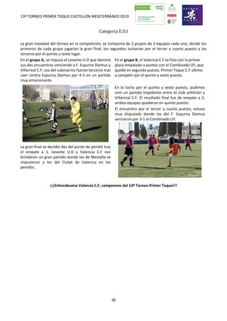 13º TORNEO PRIMER TOQUE CASTELLÓN MEDITERRÁNEO 2019
36
Categoría E.D.I
La gran novedad del torneo en la competición, se componía de 2 grupos de 3 equipos cada uno, donde los
primeros de cada grupo jugarían la gran final, los segundos lucharían por el tercer y cuarto puesto y los
terceros por el quinto y sexto lugar.
En el grupo A, se impuso el Levante U.D que dominó
sus dos encuentros venciendo a F. Espurna Daimus y
Villarreal C.F. Los del submarino fueron terceros tras
caer contra Espurna Daimus por 4-3 en un partido
muy emocionante.
En el grupo B, el Valencia C.F se hizo con la primer
plaza empatado a puntos con el Combinado LFI, que
quedó en segundo puesto. Primer Toque C.F último
a competir por el quinto y sexto puesto.
En la lucha por el quinto y sexto puesto, pudimos
vivir un partido trepidante entre el club anfitrión y
Villarreal C.F. El resultado final fue de empate a 2,
ambos equipos quedaron en quinto puesto.
El encuentro por el tercer y cuarto puesto, estuvo
muy disputado donde los del F. Espurna Daimus
vencieron por 3-1 al Combinado LFI.
La gran final se decidió des del punto de penalti tras
el empate a 1. Levante U.D y Valencia C.F nos
brindaron un gran partido donde los de Mestalla se
impusieron a los del Ciutat de Valencia en los
penaltis.
¡¡¡Enhorabuena Valencia C.F, campeones del 13º Torneo Primer Toque!!!
 