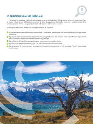1.3 PRINCIPALES CAUSAS (BRECHAS)
Muchas son las causas que explican lo anterior y que, en general, obstaculizan el desarrollo del turismo en nuestro país. Parte
de ellas se relacionan con debilidades en promover la demanda y parte con debilidades existentes a nivel de nuestra oferta
turística: es a estas últimas a las que está orientada toda la acción de Transforma Turismo.
Las principales debil idades identiﬁcadas a nivel de oferta son las siguientes:
Incipiente desarrollo de productos turísticos innovadores y sustentables, que respondan a las demandas del mercado y que integren
experiencias.
Baja asociatividad –especialmente a nivel de empresarios y de capital humano de la industria– y falta de coordinación –especialmente
entre actores públicos de niveles ministerial, de servicios y municipal.
Baja caliﬁcación del capital humano para incorporar nuevos conocimientos y tecnologías.
Baja adecuación del marco normativo y legal a las particularidades de la industria turística.
Baja penetración de conocimientos y tecnologías en la industria, especialmente en TIC, tecnologías “verdes”, biotecnología,
electrónica, etc.
1
2
3
4
5
 