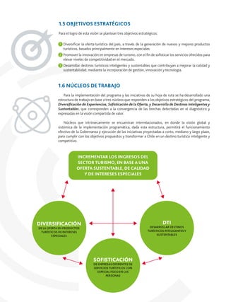Diversiﬁcar la oferta turística del país, a través de la generación de nuevos y mejores productos
turísticos, basados principalmente en intereses especiales.
Promover la innovación en empresas de turismo, con el ﬁn de soﬁsticar los servicios ofrecidos para
elevar niveles de competitividad en el mercado.
Desarrollar destinos turísticos inteligentes y sustentables que contribuyan a mejorar la calidad y
sustentabilidad, mediante la incorporación de gestión, innovación y tecnología.
1
2
3
1.5 OBJETIVOS ESTRATÉGICOS
Para el logro de esta visión se plantean tres objetivos estratégicos:
1.6 NÚCLEOS DE TRABAJO
Para la implementación del programa y las iniciativas de su hoja de ruta se ha desarrollado una
estructura de trabajo en base a tres núcleos que responden a los objetivos estratégicos del programa;
Diversiﬁcación de Experiencias, Soﬁsticación de la Oferta, y Desarrollo de Destinos Inteligentes y
Sustentables, que corresponden a la convergencia de las brechas detectadas en el diagnóstico y
expresadas en la visión compartida de valor.
Núcleos que intrínsecamente se encuentran interrelacionados, en donde la visión global y
sistémica de la implementación programática, dada esta estructura, permitirá el funcionamiento
efectivo de la Gobernanza y ejecución de las iniciativas proyectadas a corto, mediano y largo plazo,
para cumplir con los objetivos propuestos y transformar a Chile en un destino turístico inteligente y
competitivo.
INCREMENTAR LOS INGRESOS DEL
SECTOR TURISMO, EN BASE A UNA
OFERTA SUSTENTABLE, DE CALIDAD
Y DE INTERESES ESPECIALES
DTI
DESARROLLAR DESTINOS
TURÍSTICOS INTELIGENTES Y
SUSTENTABLES
DIVERSIFICACIÓN
DE LA OFERTA EN PRODUCTOS
TURÍSTICOS DE INTERESES
ESPECIALES
SOFISTICACIÓN
DE EMPRESAS OFERENTES DE
SERVICIOS TURÍSTICOS CON
ESPECIAL FOCO EN LAS
PERSONAS
 