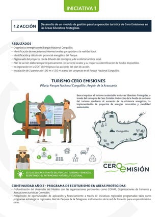 RESULTADOS
• Diagnóstico energético del Parque Nacional Conguillio.
• Identiﬁcación de mecanismos internacionales que aportan a la realidad local.
• Identiﬁcación y cálculo del potencial energético del Parque.
• Página web del proyecto con la difusión del concepto y de la oferta turística local.
• Plan de acción elaborado participativamente con actores locales y su respectiva identiﬁcación de fondos disponibles.
• Incorporación en la ZOIT de Melipeuco las acciones del plan de acción.
• Instalación de 2 paneles de 1.00 m x 1.50 m acerca del proyecto en el Parque Nacional Conguillío.
CONTINUIDAD AÑO 2 - PROGRAMA DE ECOTURISMO EN ÁREAS PROTEGIDAS:
• Profundización del desarrollo del Modelo con las organizaciones pertinentes como CONAF, Organizaciones de Fomento y
Asociaciones turísticas Gremiales.
• Prospección de oportunidades de aplicación y ﬁnanciamiento a través de iniciativas regionales programadas tales como
programas estratégicos regionales, Red de Parques de la Patagonia, instrumentos de la red de fomento para emprendimiento,
otras.
INICIATIVA 1
Desarrollo de un modelo de gestión para la operación turística de Cero Emisiones en
las Áreas Silvestres Protegidas.1.2 ACCIÓN
TURISMO CERO EMISIONES
Piloto: Parque NacionalConguillío , Región de la Araucanía
 