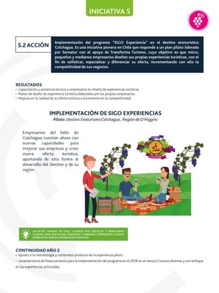 RESULTADOS
• Capacitación y asistencia técnica a empresarios en diseño de experiencias turísticas.
• Planes de diseño de experiencia turística elaborados por los propios empresarios.
• Mejoras en la calidad de su oferta turística e incremento en la competitividad.
INICIATIVA 5
Implementación del programa “SIGO Experiencia” en el destino enoturístico
Colchagua. Es una iniciativa pionera en Chile que responde a un plan piloto liderado
por Sernatur con el apoyo de Transforma Turismo, cuyo objetivo es que micro,
pequeños y medianos empresarios diseñen sus propias experiencias turísticas, con el
ﬁn de soﬁsticar, especializar y diferenciar su oferta, incrementando con ello la
competitividad de sus negocios.
5.2 ACCIÓN
CONTINUIDAD AÑO 2
• Ajustes a la metodología y contenidos producto de la experiencia piloto.
• Levantamiento de ﬁnanciamiento para la implementación del programa en el 2018 en al menos 2 nuevos destinos y con enfoque
en las experiencias priorizadas.
IMPLEMENTACIÓN DE SIGO EXPERIENCIAS
Piloto: Destino EnoturismoColchagua , Región deO’Higgins
 
