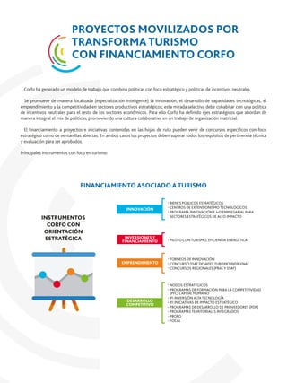 Corfo ha generado un modelo de trabajo que combina políticas con foco estratégico y políticas de incentivos neutrales.
Se promueve de manera focalizada (especialización inteligente) la innovación, el desarrollo de capacidades tecnológicas, el
emprendimiento y la competitividad en sectores productivos estratégicos; esta mirada selectiva debe cohabitar con una política
de incentivos neutrales para el resto de los sectores económicos. Para ello Corfo ha deﬁnido ejes estratégicos que abordan de
manera integral el mix de políticas, promoviendo una cultura colaborativa en un trabajo de organización matricial.
El ﬁnanciamiento a proyectos e iniciativas contenidas en las hojas de ruta pueden venir de concursos especíﬁcos con foco
estratégico como de ventanillas abiertas. En ambos casos los proyectos deben superar todos los requisitos de pertinencia técnica
y evaluación para ser aprobados.
Principales instrumentos con foco en turismo:
FINANCIAMIENTO ASOCIADO A TURISMO
INNOVACIÓN
INVERSIONES Y
FINANCIAMIENTO
EMPRENDIMIENTO
DESARROLLO
COMPETITIVO
BIENES PÚBLICOS ESTRATÉGICOS
CENTROS DE EXTENSIONISMO TECNOLÓGICOS
PROGRAMA INNOVACIÓN E I+D EMPRESARIAL PARA
SECTORES ESTRATÉGICOS DE ALTO IMPACTO
TORNEOS DE INNOVACIÓN
CONCURSO SSAF DESAFÍO: TURISMO INDÍGENA
CONCURSOS REGIONALES (PRAE Y SSAF)
NODOS ESTRATÉGICOS
PROGRAMAS DE FORMACIÓN PARA LA COMPETITIVIDAD
(PFC) CAPITAL HUMANO
IFI INVERSIÓN ALTA TECNOLOGÍA
IFI INICIATIVAS DE IMPACTO ESTRATÉGICO
PROGRAMAS DE DESARROLLO DE PROVEEDORES (PDP)
PROGRAMAS TERRITORIALES INTEGRADOS
PROFO
FOCAL
PILOTO CON TURISMO, EFICIENCIA ENERGÉTICA
INSTRUMENTOS
CORFO CON
ORIENTACIÓN
ESTRATÉGICA
PROYECTOS MOVILIZADOS POR
TRANSFORMA TURISMO
CON FINANCIAMIENTO CORFO
 