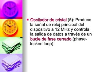 Oscilador de cristal  (5): Produce la señal de reloj principal del dispositivo a 12 MHz y controla la salida de datos a través de un  bucle de fase cerrado  (phase-locked loop)  