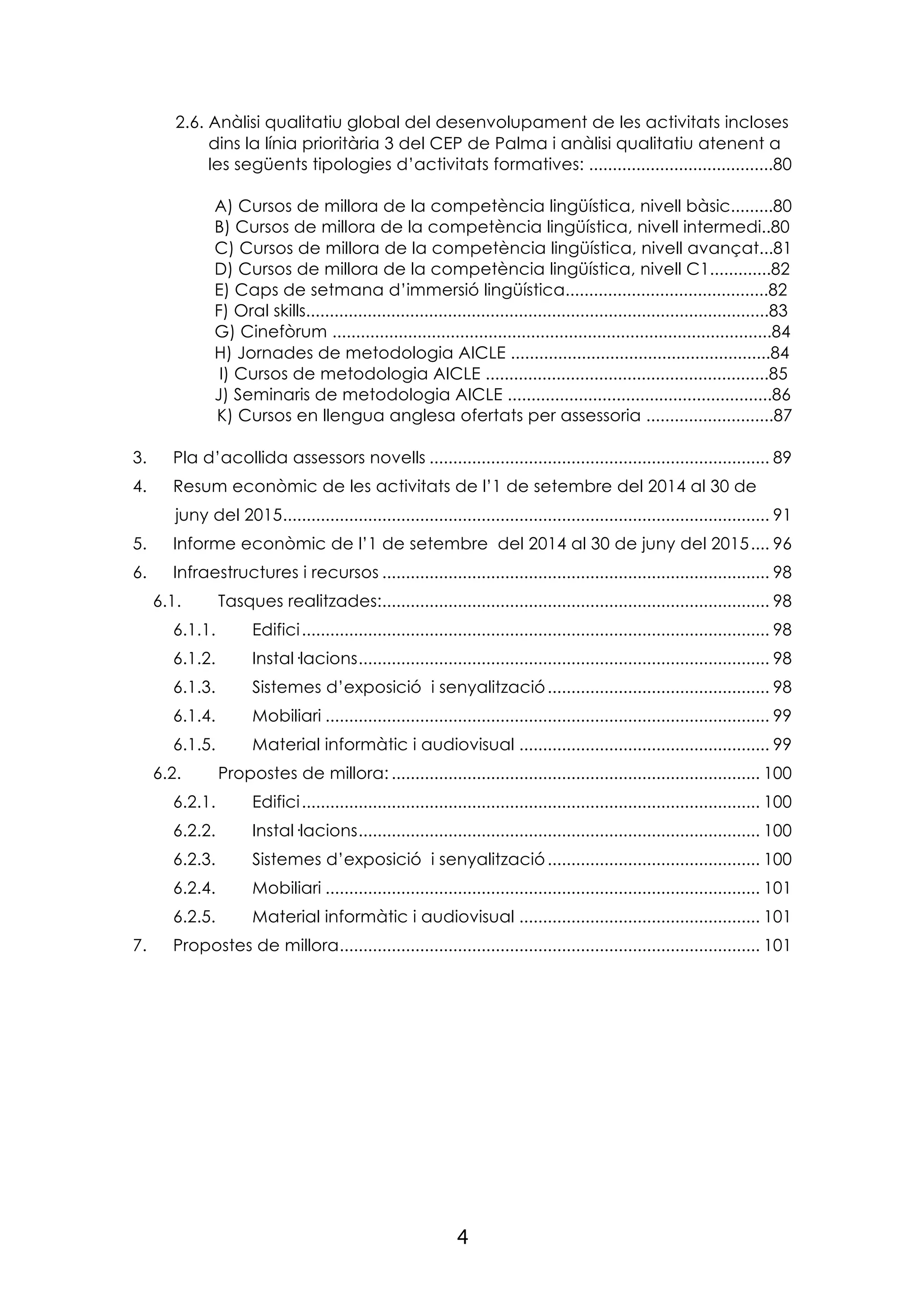 4
2.6. Anàlisi qualitatiu global del desenvolupament de les activitats incloses
dins la línia prioritària 3 del CEP de Palma i anàlisi qualitatiu atenent a
les següents tipologies d’activitats formatives: .......................................80
A) Cursos de millora de la competència lingüística, nivell bàsic.........80
B) Cursos de millora de la competència lingüística, nivell intermedi..80
C) Cursos de millora de la competència lingüística, nivell avançat...81
D) Cursos de millora de la competència lingüística, nivell C1.............82
E) Caps de setmana d’immersió lingüística...........................................82
F) Oral skills..................................................................................................83
G) Cinefòrum .............................................................................................84
H) Jornades de metodologia AICLE .......................................................84
I) Cursos de metodologia AICLE ............................................................85
J) Seminaris de metodologia AICLE ........................................................86
K) Cursos en llengua anglesa ofertats per assessoria ...........................87	
  
3. Pla d’acollida assessors novells ........................................................................ 89
4. Resum econòmic de les activitats de l’1 de setembre del 2014 al 30 de
juny del 2015....................................................................................................... 91
5. Informe econòmic de l’1 de setembre del 2014 al 30 de juny del 2015.... 96
6. Infraestructures i recursos .................................................................................. 98
6.1. Tasques realitzades:.................................................................................. 98
6.1.1. Edifici................................................................................................... 98
6.1.2. Instal·lacions....................................................................................... 98
6.1.3. Sistemes d’exposició i senyalització............................................... 98
6.1.4. Mobiliari .............................................................................................. 99
6.1.5. Material informàtic i audiovisual ..................................................... 99
6.2. Propostes de millora: .............................................................................. 100
6.2.1. Edifici................................................................................................. 100
6.2.2. Instal·lacions..................................................................................... 100
6.2.3. Sistemes d’exposició i senyalització............................................. 100
6.2.4. Mobiliari ............................................................................................ 101
6.2.5. Material informàtic i audiovisual ................................................... 101
7. Propostes de millora......................................................................................... 101
 