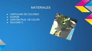 MATERIALES
● CARTULINA DE COLORES
● ICOPOR
● CARTÓN PAJA DE COLOR
● SILICONA C
 