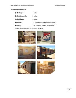 UNIV. LIMBERT A. JUANIQUINA CALIZAYA                                 TRABAJO DIRIGIDO


Niveles de enseñanza

      Ciclo Medio                  4 aulas

      Ciclo Intermedio             3 aulas

      Ciclo Básico                 5 aulas

      Maestros                     12 (8 Maestros y 4 Administrativos)

      Alumnos                      118 Alumnos (Todos los Niveles)

      Fuente: Dirección Distrital de Educación HUANUNI




                                                                                        10
 