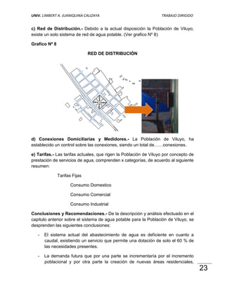 UNIV. LIMBERT A. JUANIQUINA CALIZAYA                              TRABAJO DIRIGIDO


c) Red de Distribución.- Debido a la actual disposición la Población de Viluyo,
existe un solo sistema de red de agua potable. (Ver grafico Nº 8)

Grafico Nº 8

                               RED DE DISTRIBUCIÓN




d) Conexiones Domiciliarias y Medidores.- La Población de Viluyo, ha
establecido un control sobre las conexiones, siendo un total de……conexiones.

e) Tarifas.- Las tarifas actuales, que rigen la Población de Viluyo por concepto de
prestación de servicios de agua, comprenden x categorías, de acuerdo al siguiente
resumen:

               Tarifas Fijas

                      Consumo Domestico

                      Consumo Comercial

                      Consumo Industrial

Conclusiones y Recomendaciones.- De la descripción y análisis efectuado en el
capitulo anterior sobre el sistema de agua potable para la Población de Viluyo, se
desprenden las siguientes conclusiones:

   -   El sistema actual del abastecimiento de agua es deficiente en cuanto a
       caudal, existiendo un servicio que permite una dotación de solo el 60 % de
       las necesidades presentes.

   -   La demanda futura que por una parte se incrementaría por el incremento
       poblacional y por otra parte la creación de nuevas áreas residenciales,
                                                                                      23
 