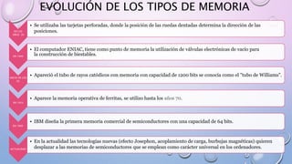 EVOLUCIÓN DE LOS TIPOS DE MEMORIA
EN LOS
AÑOS 30
• Se utilizaba las tarjetas perforadas, donde la posición de las ruedas dentadas determina la dirección de las
posiciones.
EN 1946
• El computador ENIAC, tiene como punto de memoria la utilización de válvulas electrónicas de vacío para
la construcción de biestables.
INICIO DE LOS
50.
• Apareció el tubo de rayos catódicos con memoria con capacidad de 1200 bits se conocía como el "tubo de Williams".
EN 1953
• Aparece la memoria operativa de ferritas, se utilizo hasta los años 70.
EN 1968
• IBM diseña la primera memoria comercial de semiconductores con una capacidad de 64 bits.
ACTUALIDAD
• En la actualidad las tecnologías nuevas (efecto Josephon, acoplamiento de carga, burbujas magnéticas) quieren
desplazar a las memorias de semiconductores que se emplean como carácter universal en los ordenadores.
 