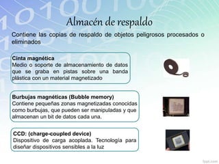 Almacén de respaldo
Contiene las copias de respaldo de objetos peligrosos procesados o
eliminados
Cinta magnética
Medio o soporte de almacenamiento de datos
que se graba en pistas sobre una banda
plástica con un material magnetizado
Burbujas magnéticas (Bubble memory)
Contiene pequeñas zonas magnetizadas conocidas
como burbujas, que pueden ser manipuladas y que
almacenan un bit de datos cada una.
CCD: (charge-coupled device)
Dispositivo de carga acoplada. Tecnología para
diseñar dispositivos sensibles a la luz
 
