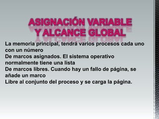 La memoria principal, tendrá varios procesos cada uno
con un número
De marcos asignados. El sistema operativo
normalmente tiene una lista
De marcos libres. Cuando hay un fallo de página, se
añade un marco
Libre al conjunto del proceso y se carga la página.
 